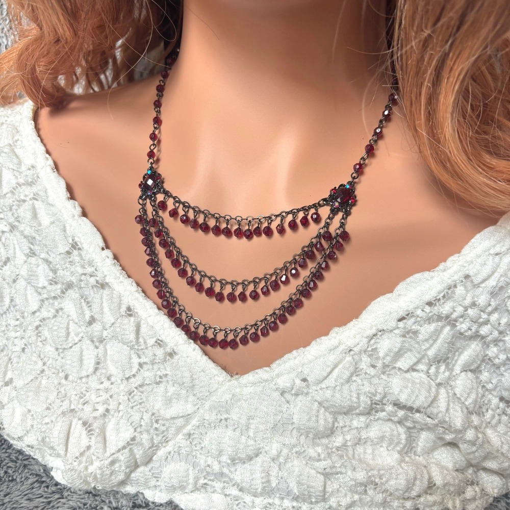 1928 Necklace Red Beaded Tiered Draped Gunmetal Tone Gothic Victorian 21779
